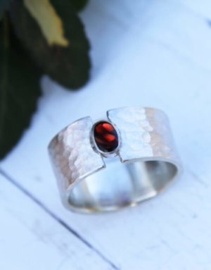 Wide Silver Ring with Garnet Detail