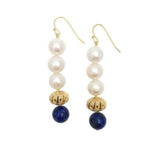 Round Freshwater Pearls & Natural Lapis Lazuli Drop Earrings