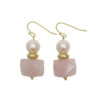 Round Freshwater Pearl Faceted Rose Quartz Drop Earrings. These earrings are made of  freshwater pearls, faceted aquamarine and gold plated brass fillings.