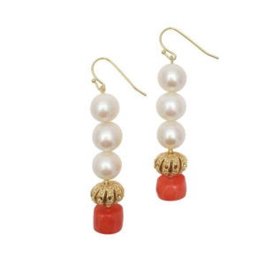 Freshwater Pearls Natural Bamboo Coral Drop Earrings. These earrings are made of round freshwater pearls with natural bamboo coral.