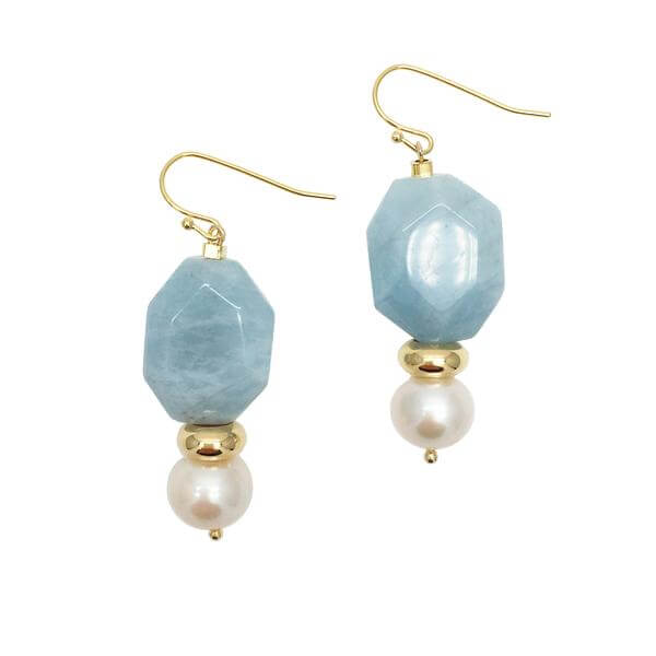 Faceted Aquamarine Round Freshwater Pearls Drop Earrings