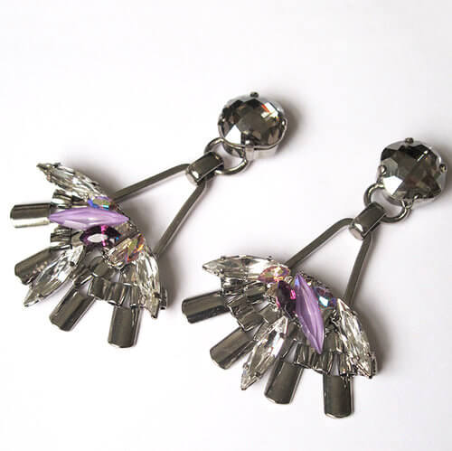 Moon Fan Earrings. Gorgeous drop earrings made using Swarovski crystal stones in clear, Black diamond, Satin and hand enamelled lilacs.