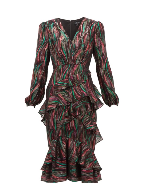 Alya ruffled metallic-jacquard dress