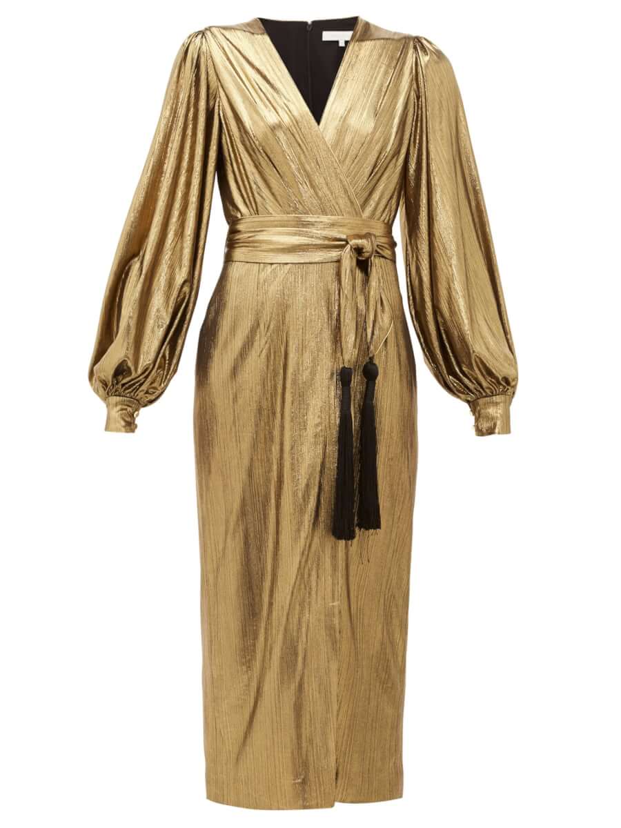 Borgo De Nor - Sofi Tasselled Waist Tie Lamé Midi Dress-Gold | Modafirma