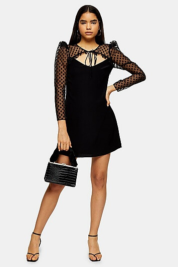Black Spot Organza Sleeve Mini Dress - Black