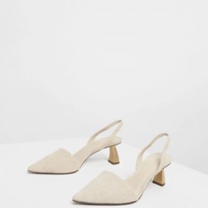 Charles and Keith linen sculptural heel slingback pumps taupe