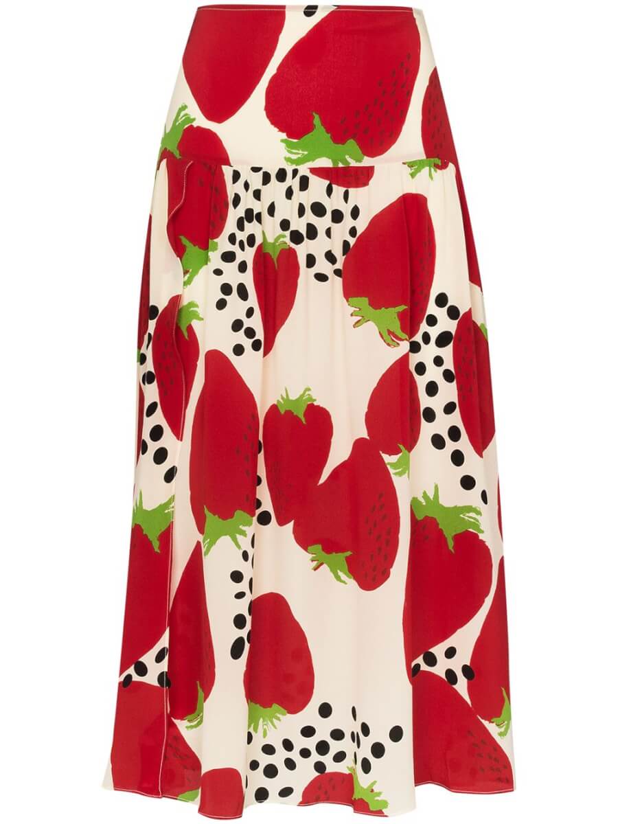 summer wardrobe Adriana Degreas strawberry print midi skirt
