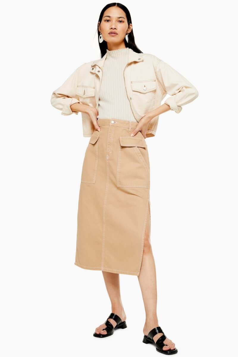 Topshop | Sand Denim Midi Skirt With Flap Pockets