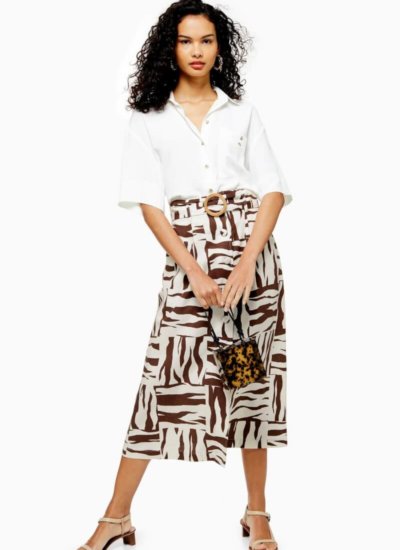 Topshop | Zebra Print Linen Blend Midi Skirt