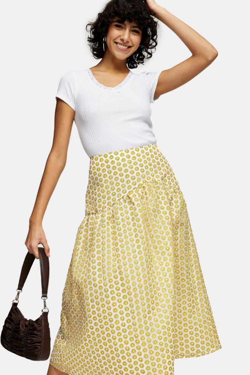 Topshop | Ivory Daisy Print Organza Midi Skirt yellow