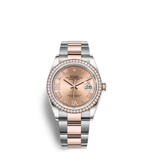 Rolex-DATEJUST 36 Oyster, 36 mm, Oystersteel, Everose gold and diamonds REFERENCE 126281RBR MODEL CASE Oyster, 36 mm, Oystersteel, Everose gold and diamonds BEZEL Set with diamonds WATER-RESISTANCE Waterproof to 100 metres / 330 feet MOVEMENT Perpetual, mechanical, self-winding CALIBER 3235, Manufacture Rolex POWER RESERVE Approximately 70 hours BRACELET Oyster, flat three-piece links DIAL Ros? color set with diamonds CERTIFICATION Superlative Chronometer (COSC + Rolex certification after casing)