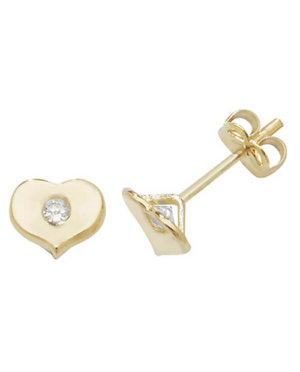 GENUINE 9CT YELLOW GOLD HEART WITH SINGLE CZ STUD EARRINGS