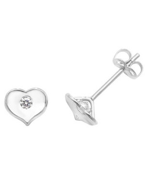 GENUINE 9CT WHITE GOLD HEART WITH SINGLE CZ STUD EARRINGS