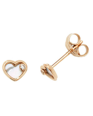 GENUINE 9CT YELLOW GOLD CZ&MOTHER OF PEARL HEART STUD EARRINGS