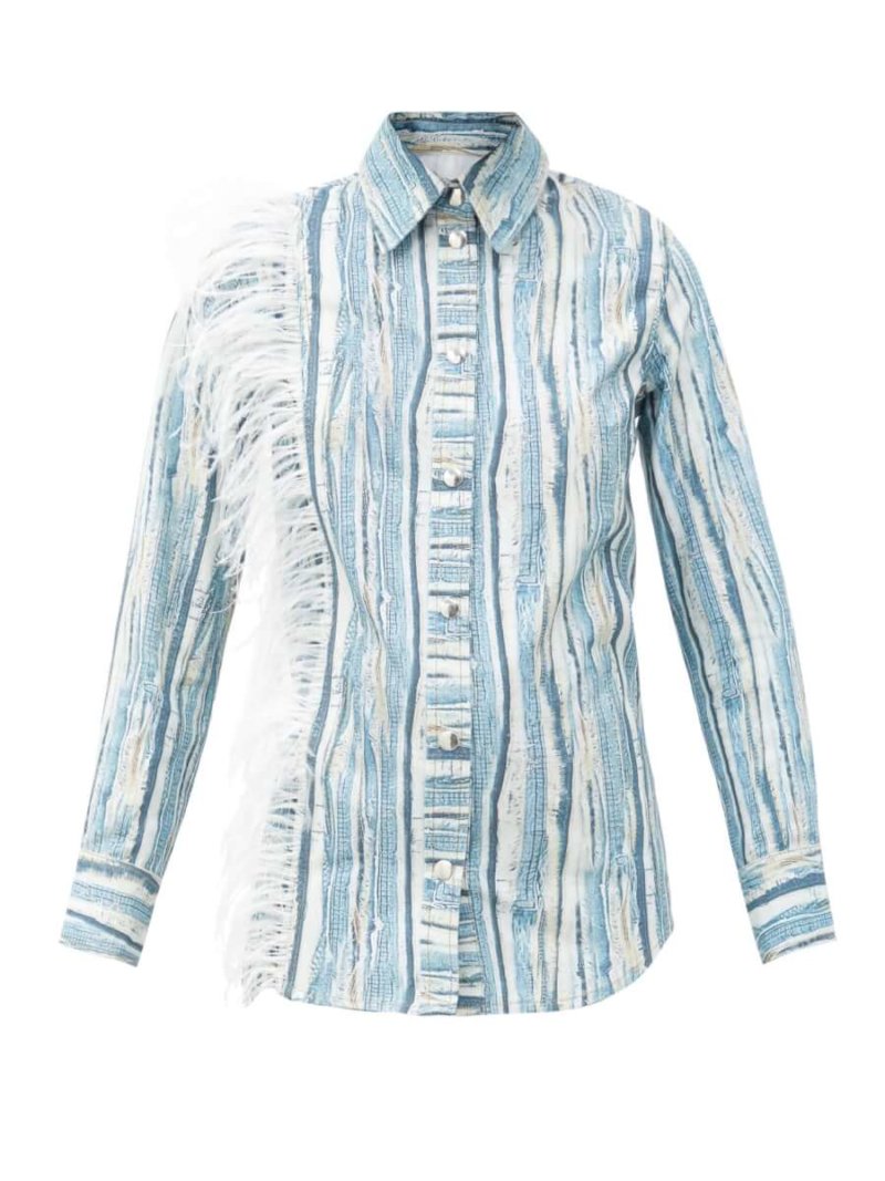 THEBE MAGUGU Feather-trimmed shredded denim-print cotton shirt