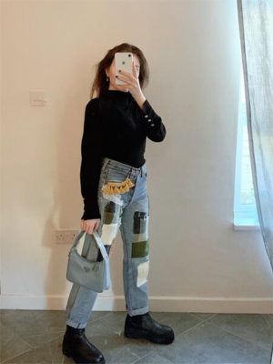High Waisted Fully Patchwork Recycled Jeans