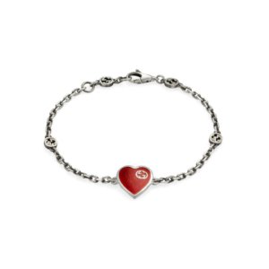 Exclusive Gucci Heart Aged Finish Sterling Silver and Red Enamel Bracelet