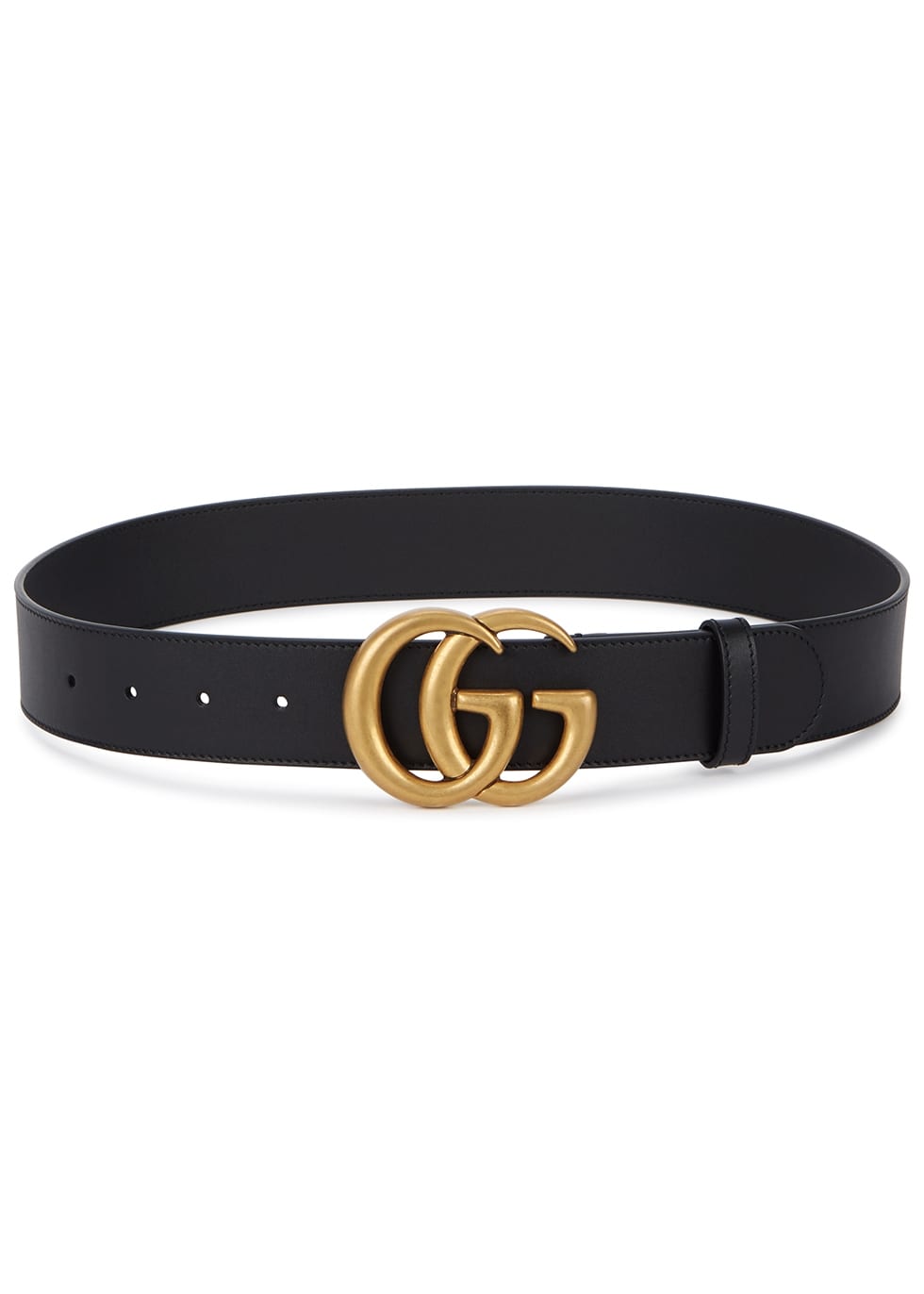 black leather belt with gold GC buckle