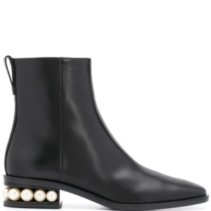 pearl embellished black leather boots