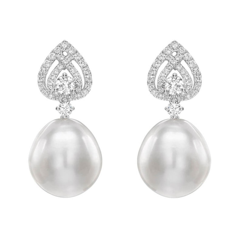 Pearls 18ct White Gold, Tiered Pear Diamond Detail Pearl Earrings