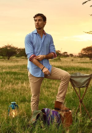 Mens Blue piqué cotton shirt with pink striped Kenyan Kikoy fabric detailing