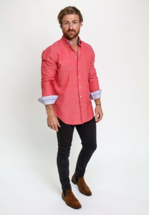 Mens Coral red shirt made entirely from authentic Kenyan Kikoy fabric.