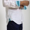 Classic white 100% linen shirt with turquoise-blue striped Kenyan Kikoy fabric detailing 