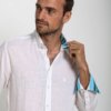 Classic white 100% linen shirt with turquoise-blue striped Kenyan Kikoy fabric detailing 