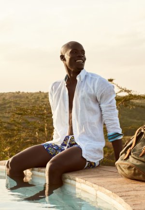 Classic white 100% linen shirt with turquoise-blue striped Kenyan Kikoy fabric detailing