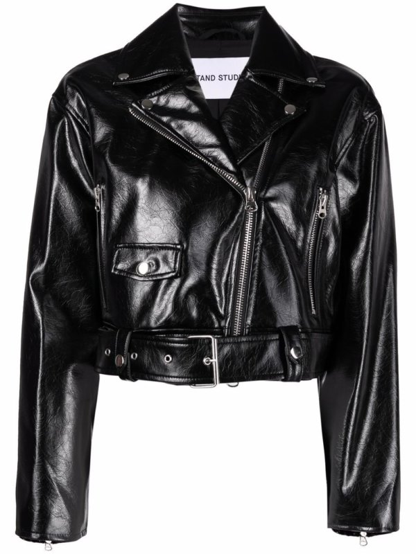 leather cropped biker jacket in black