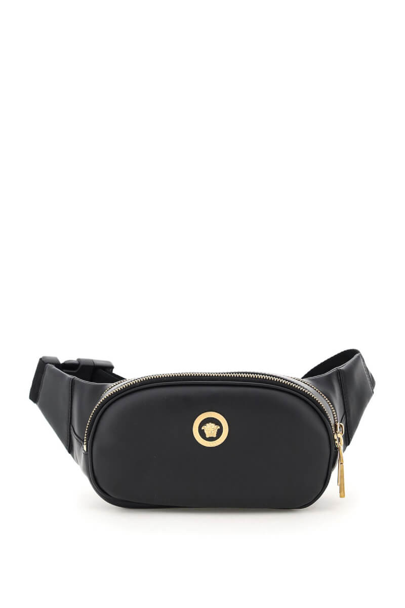 Black leather belt bag with gold medusa Versace embellishment