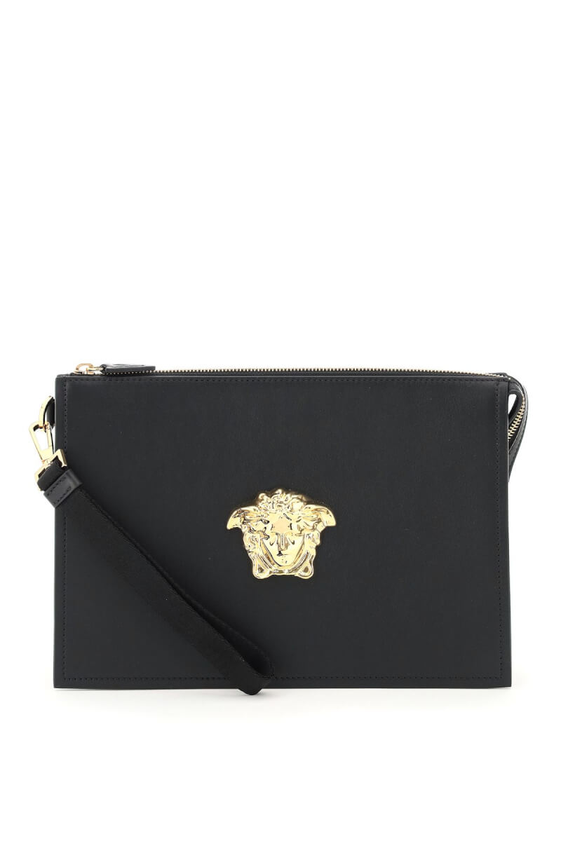 Black leather clutch bag with gold medusa Versace embellishment
