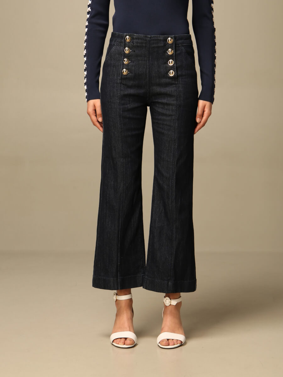 Black wide leg jeans with button up embellishment