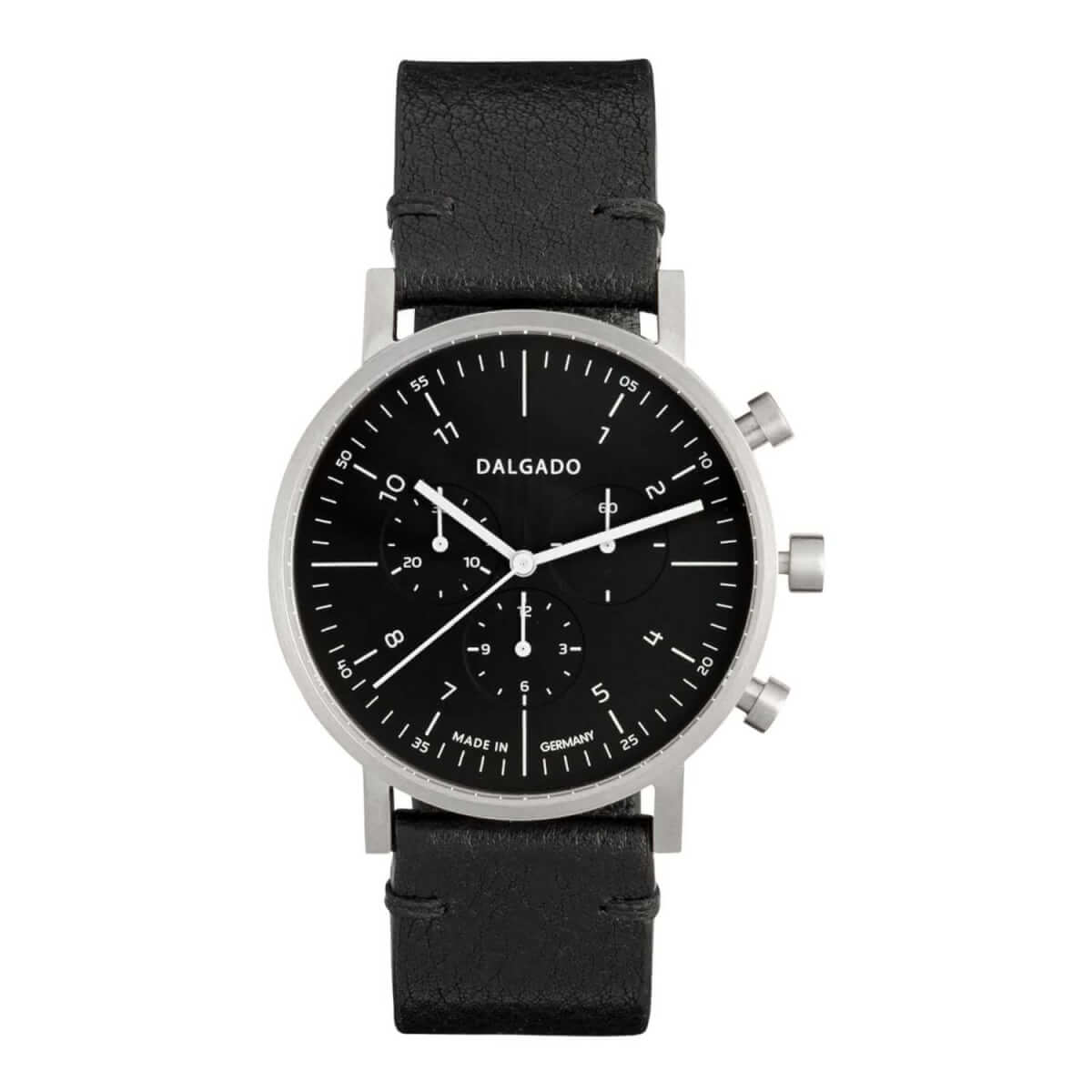 Black dial chronograph watch on black strap