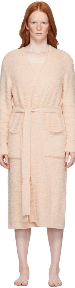 Long sleeve knit nylon-blend bouclé robe in pink. Shawl collar. Open front. Detachable self-tie belt at waist. Patch pockets at waist.