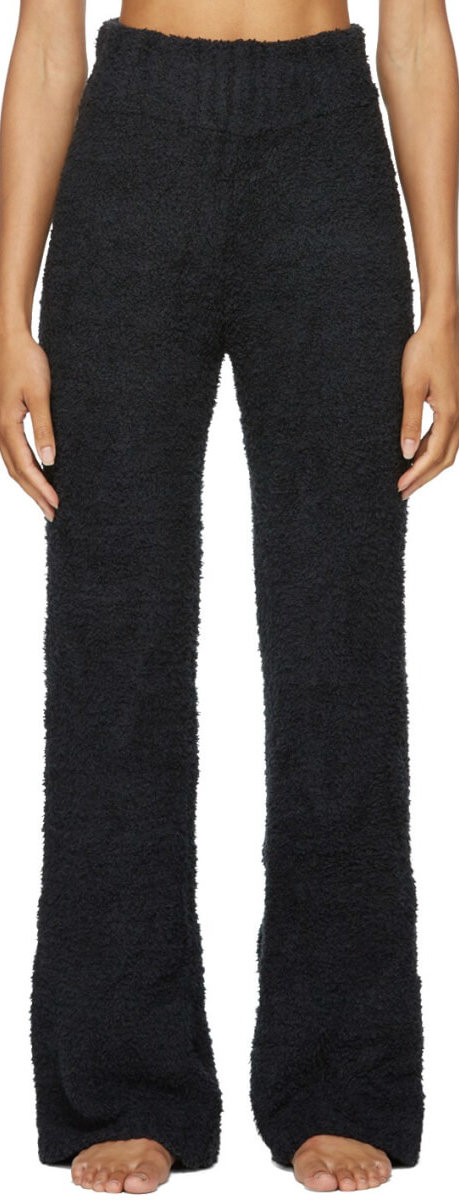 Wide-leg nylon-blend bouclé lounge pants in black. High-rise. Elasticized waistband.