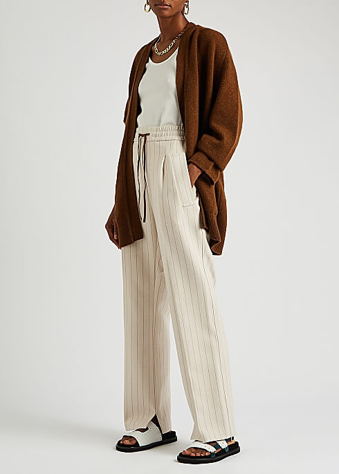 Cream pin striped wide led trousers