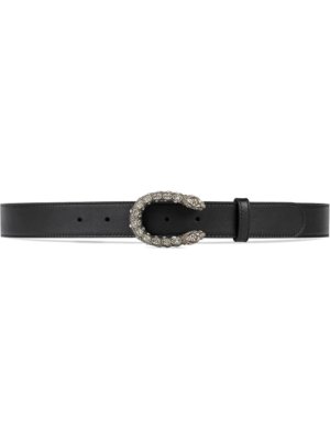 Gucci Leather belt with crystal Dionysus buckle - Black