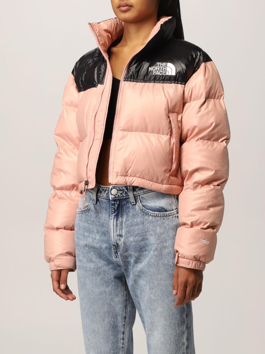 Black and pink cropped puffer jacket