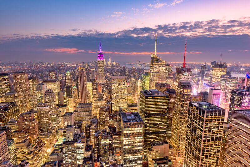 New York City aerial skyline view over midtown Manhattan.