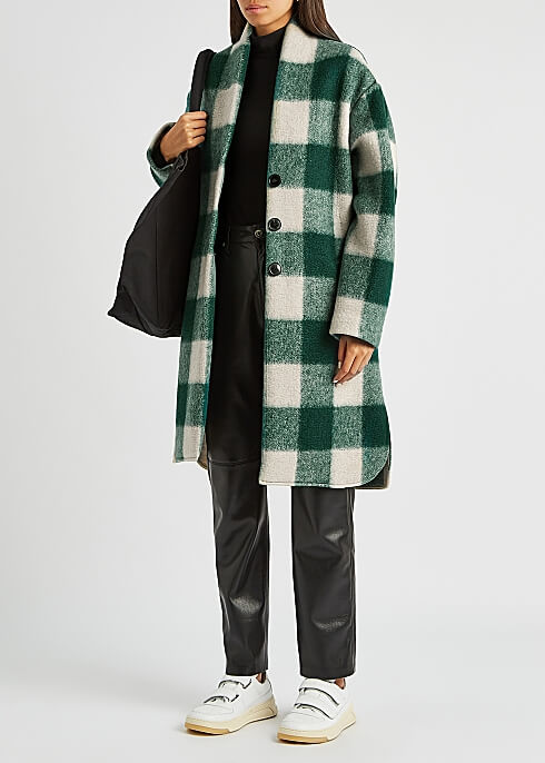 Green and white plaid long coat