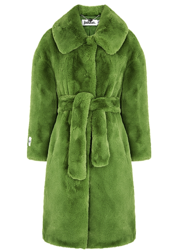 green belted faux fur coat