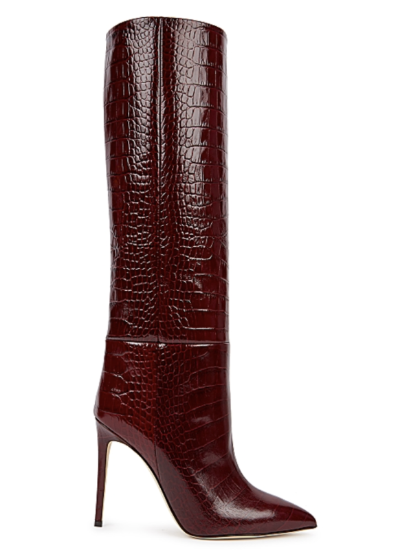 burgundy crocodile-effect leather knee-high boots