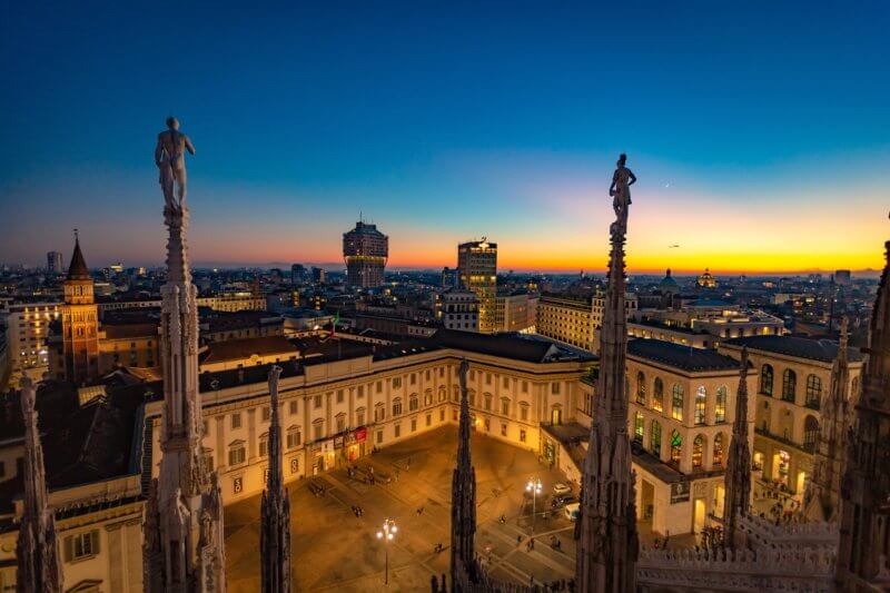 Milan city from above at sunset