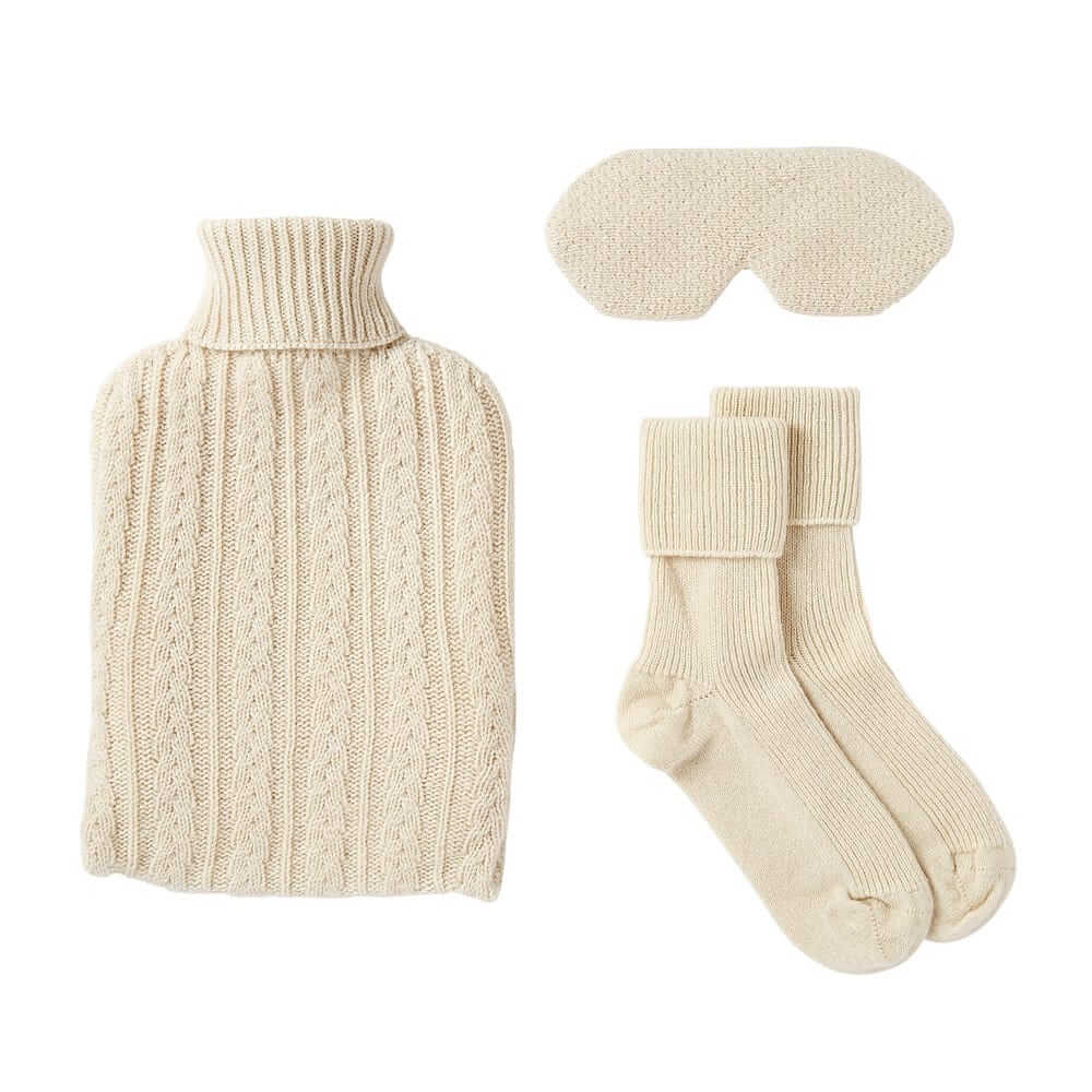 Fortnum’s X Rosie Sugden Hot Water Bottle, Bed Sock & Eye Mask Gift Set, Cream