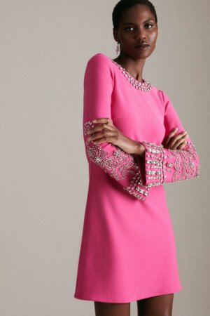Karen Millen Embellished Detail Figure Form Crepe Mini Dress -, Pink