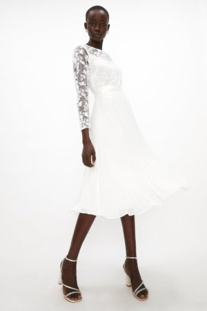 Coast 3d Lace Pleated Skirt Midi Dress -, Ivory