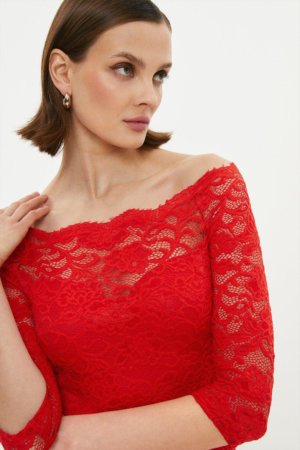 Coast Bardot Lace Midi Dress -, Red