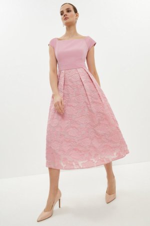 Coast Bardot Neck Embroidered Midi Dress -, Pink