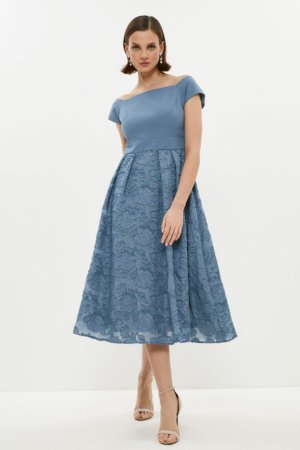Coast Bardot Neck Embroidered Midi Dress -, Powder Blue